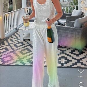The Noli Shop Sequin Alba Pants and Tank Top Matching Set in Pearl - Size M/L
